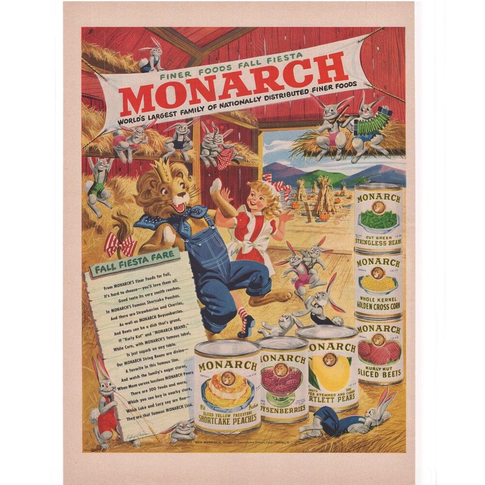 Monarch Canned Vegetables Magazine Advertisement 1949 Color Vintage Luke Lion